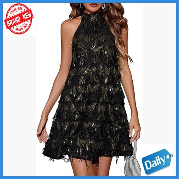 Sequin Halter Mini Dress Sleeveless Keyhole Back Clubwear Party Outfit
